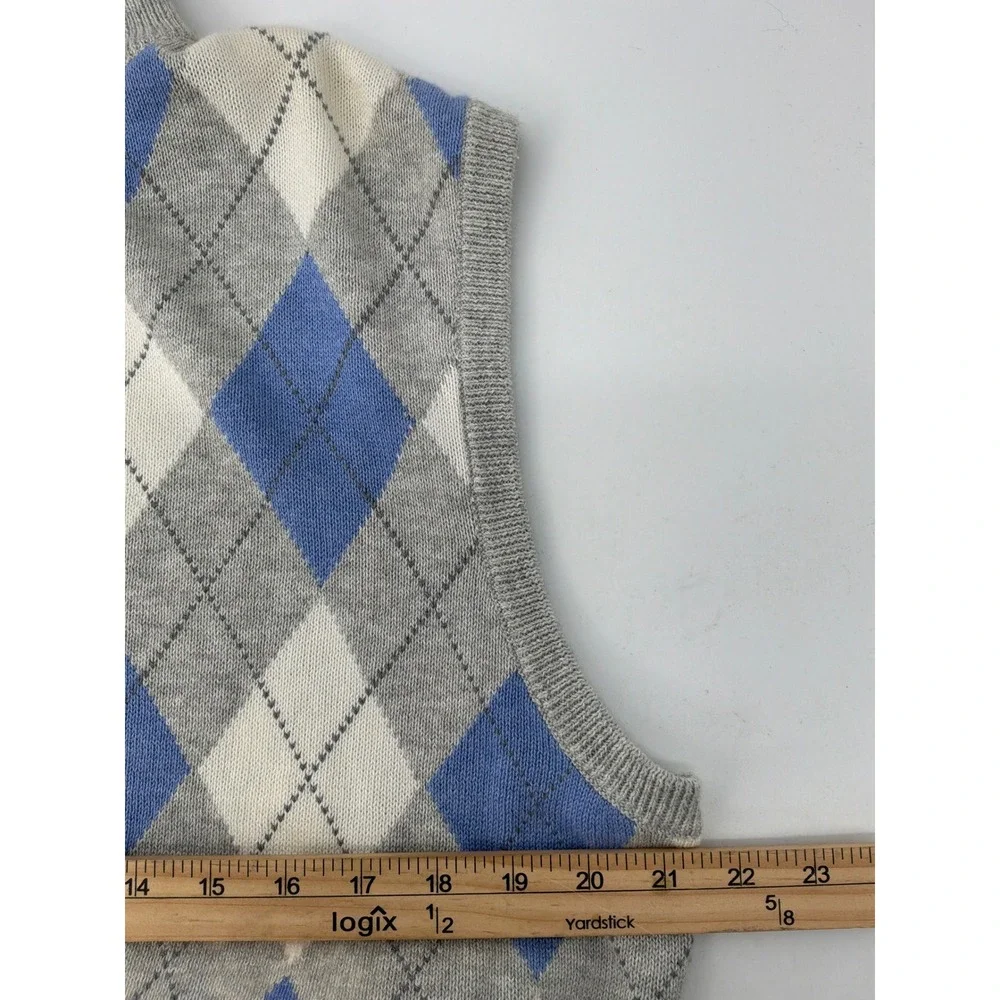 Vintage Polo Golf Sweater Vest Men Medium Grey Argyle Preppy Zip Cashmere Cotton
